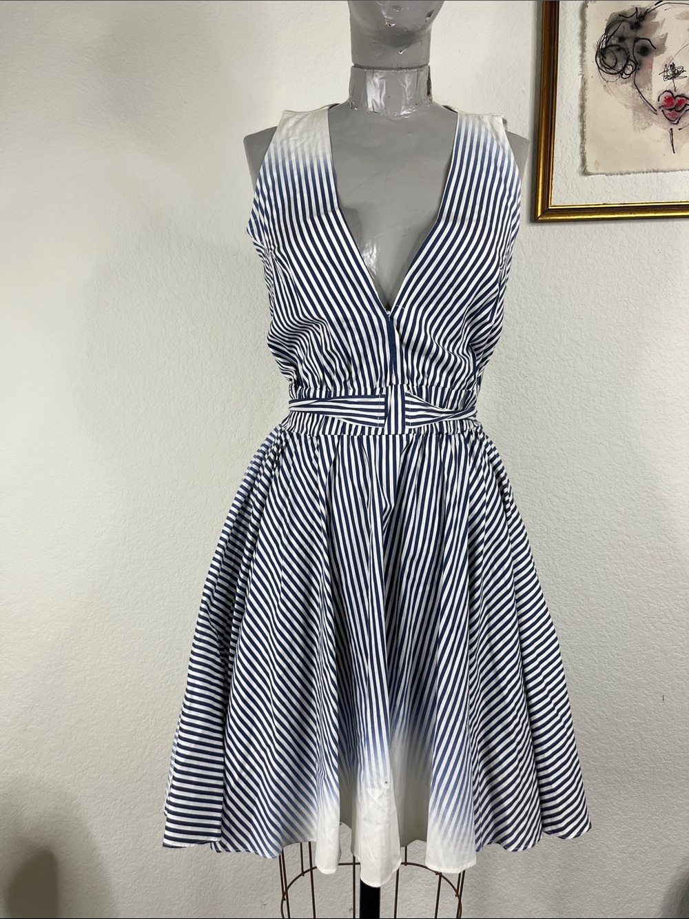 Milly Ombre Gradient Stripe Belted A Line Swing Dress Sleeveless